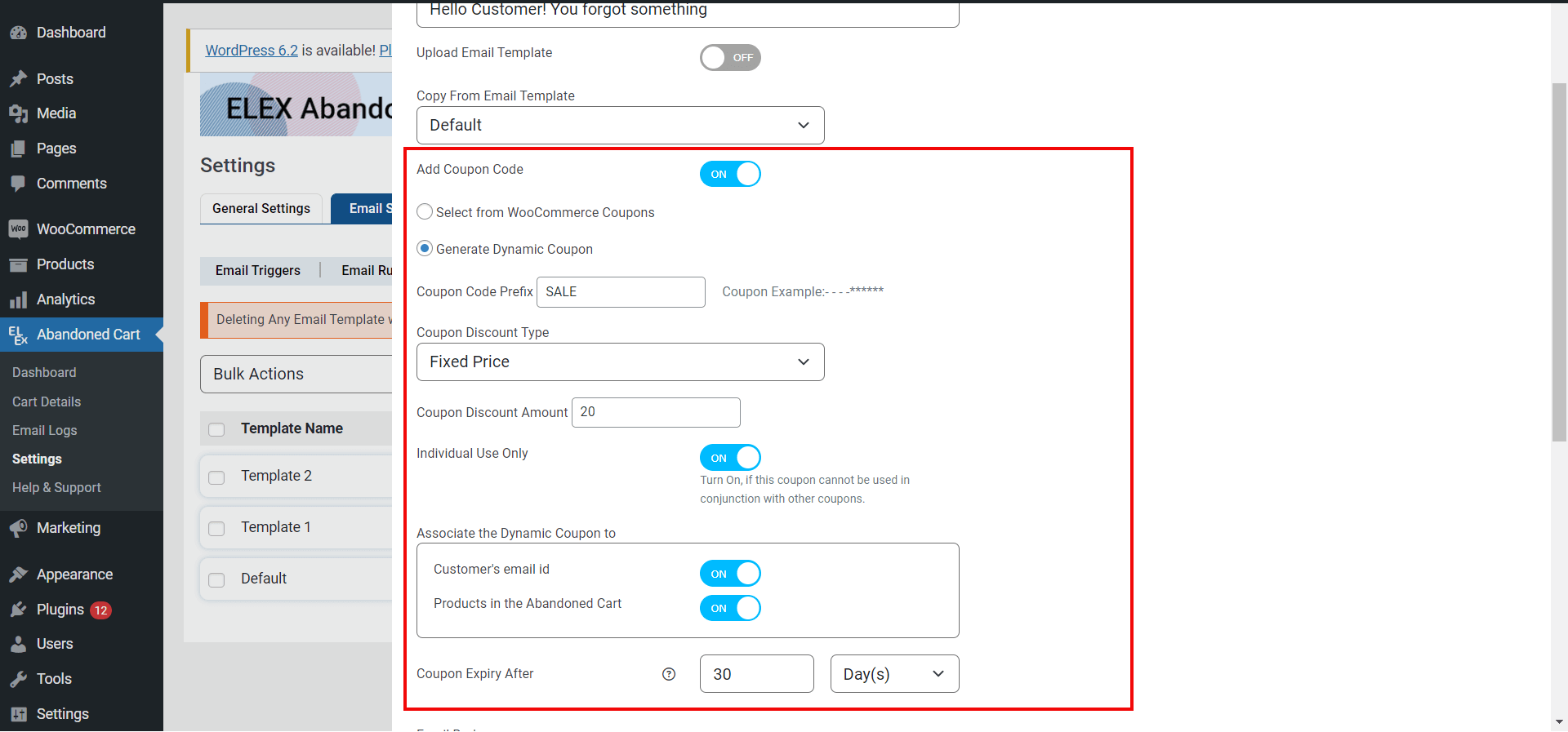 قالب ویرایش بازیابی سبد خرید رها شده ELEX WooCommerce