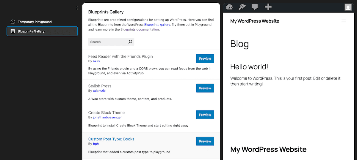 گالری الگوهای WordPress Playground