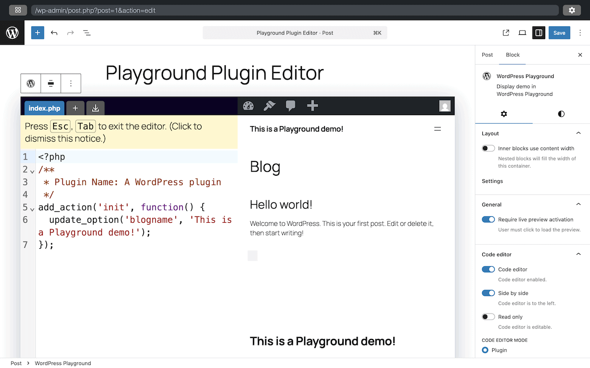 یک بلوک تعاملی جاسازیشده در یک نمونهٔ WordPress Playground