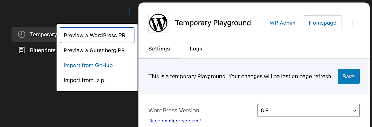 منوی WordPress Playground با گزینههای پیشنمایش pull request وردپرس، pull request «گوتنبرگ»، وارد کردن از GitHub یا فایل ZIP
