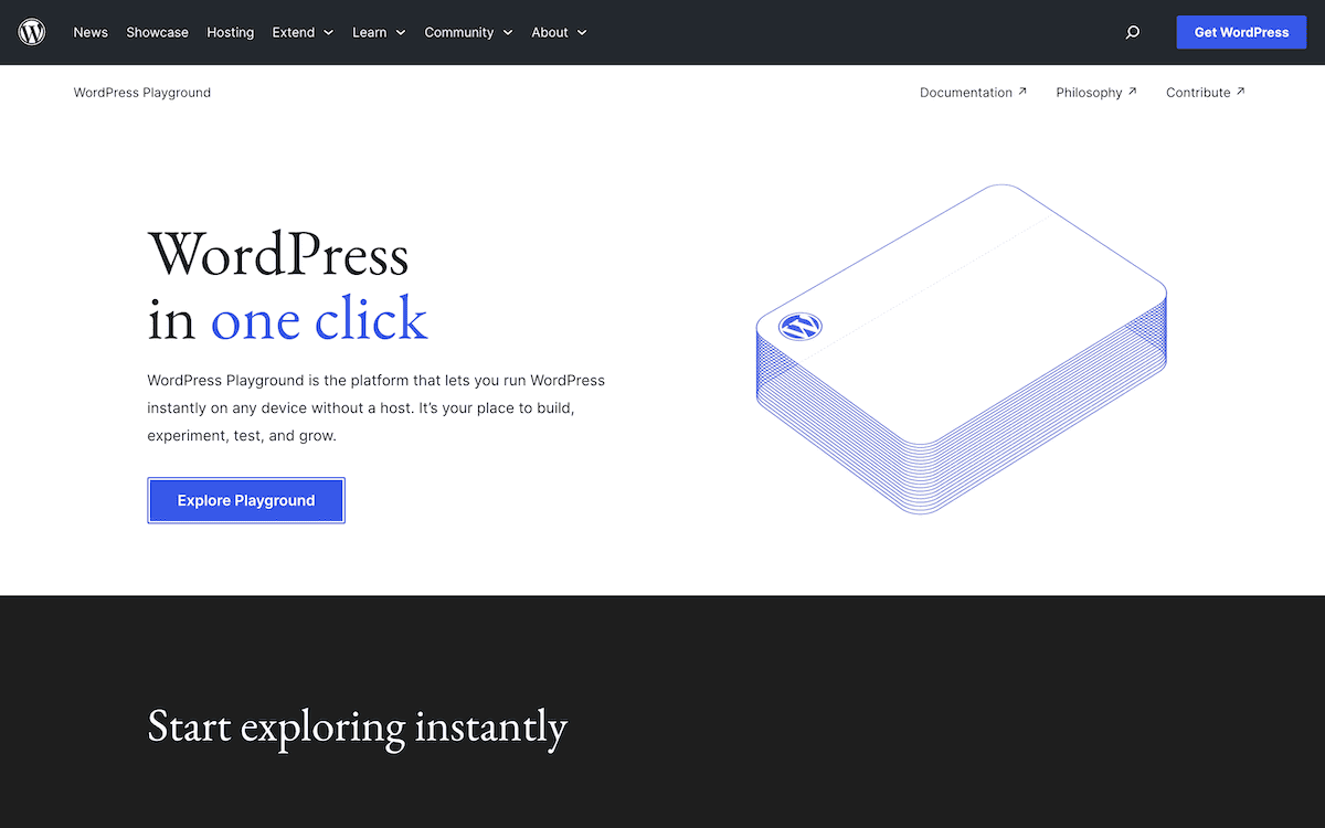 اسکرینشات صفحهٔ اصلی وبسایت WordPress Playground