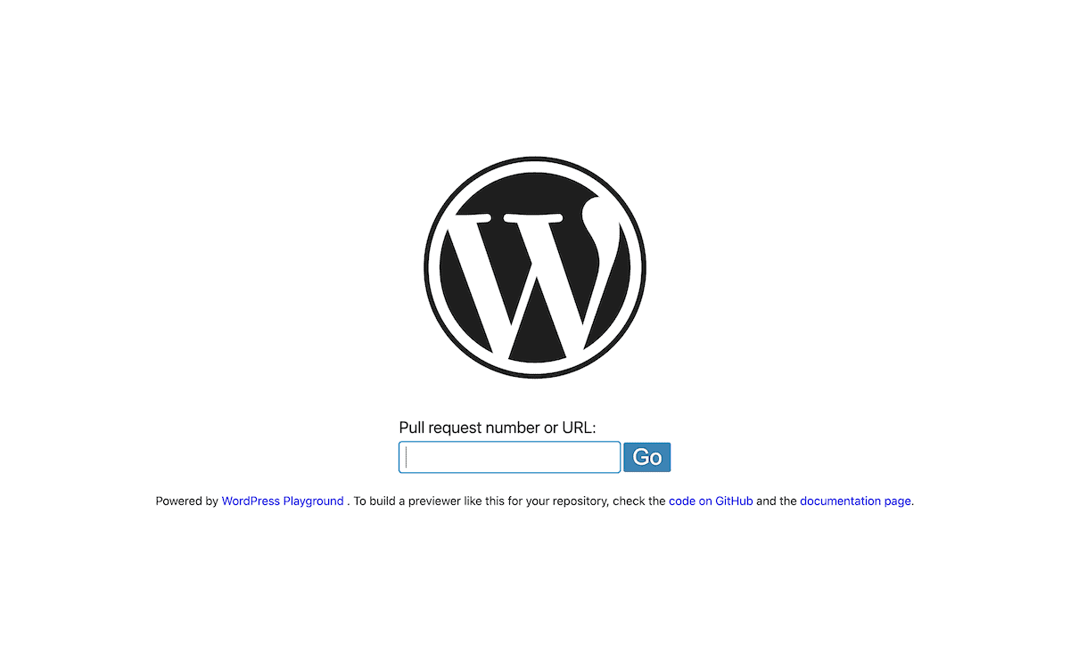 رابط پیشنمایش pull request وردپرس که WordPress Playground را با لینکهای کد GitHub و مستندات از طریق یک لینک قابل وارد کردن نمایش میدهد