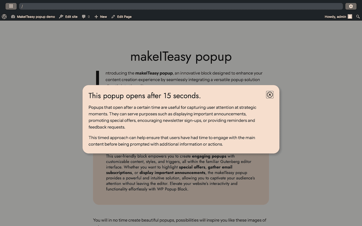 دموی WordPress Playground که پیادهسازی پنجرهٔ پاپآپ از کتابخانهٔ الگوها را نمایش میدهد