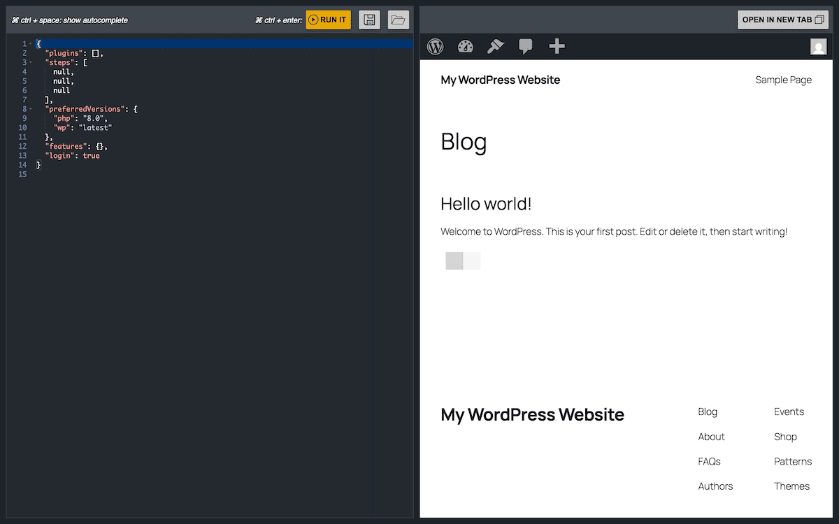 نمای صفحهٔ تقسیمشده در WordPress Playground با ویرایش کد در سمت چپ و پیشنمایش زنده در سمت راست