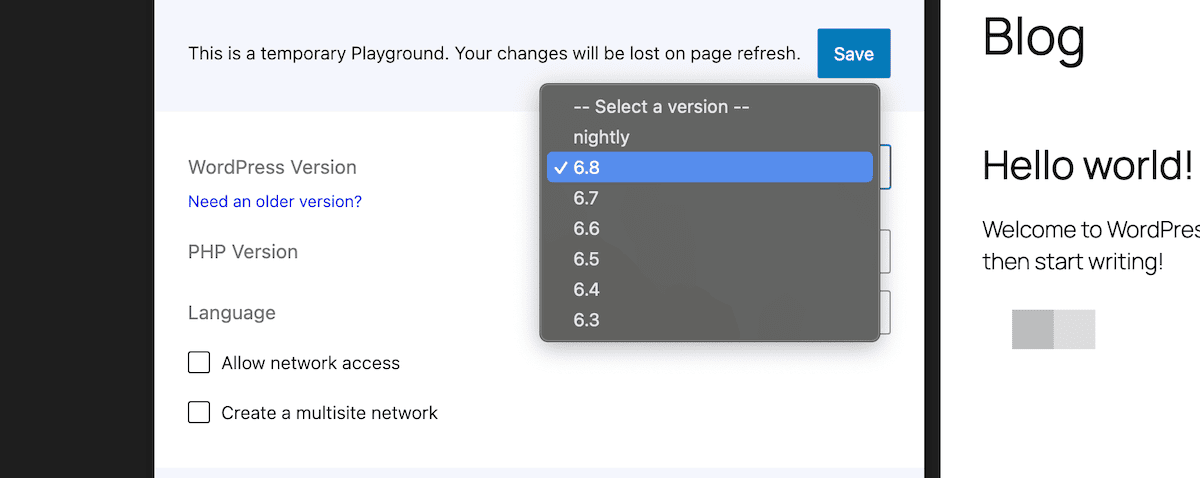 منوی کشویی انتخاب نسخهٔ وردپرس در WordPress Playground