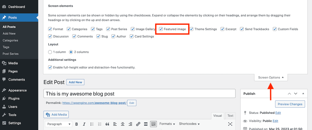 گزینۀ تنظیم تصویر شاخص در تنظیمات صفحه