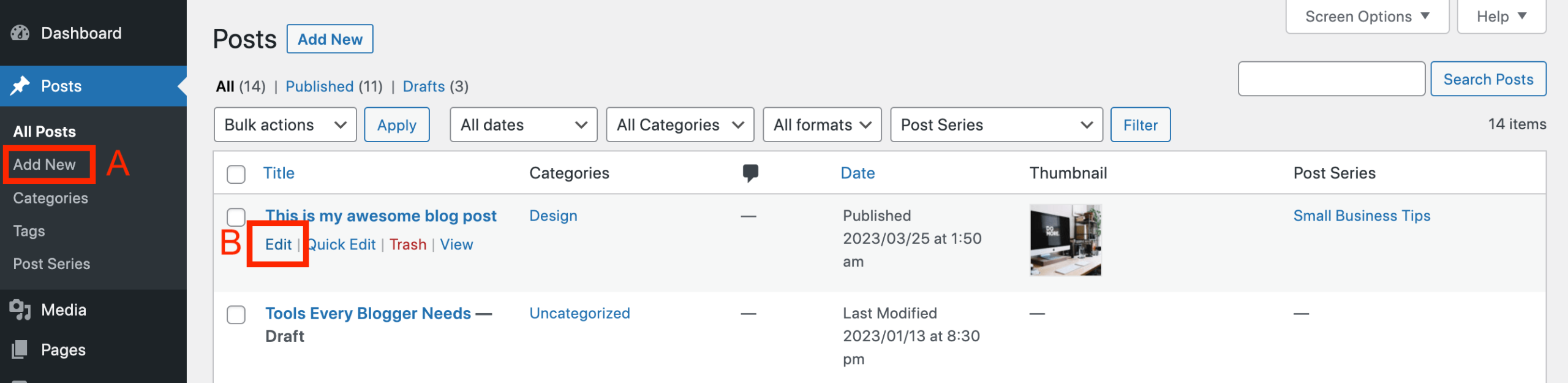 انتخاب یک نوشته یا صفحه برای افزودن تصویر شاخص